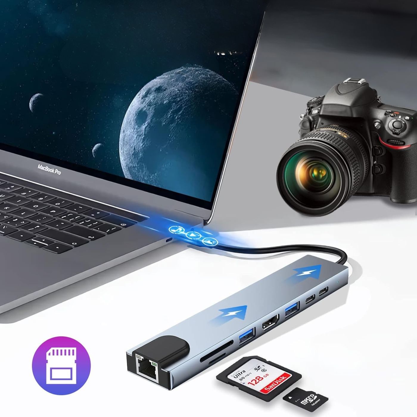 Adaptateur Type USB C, Station d’accueil 8 en 1 avec HDMI