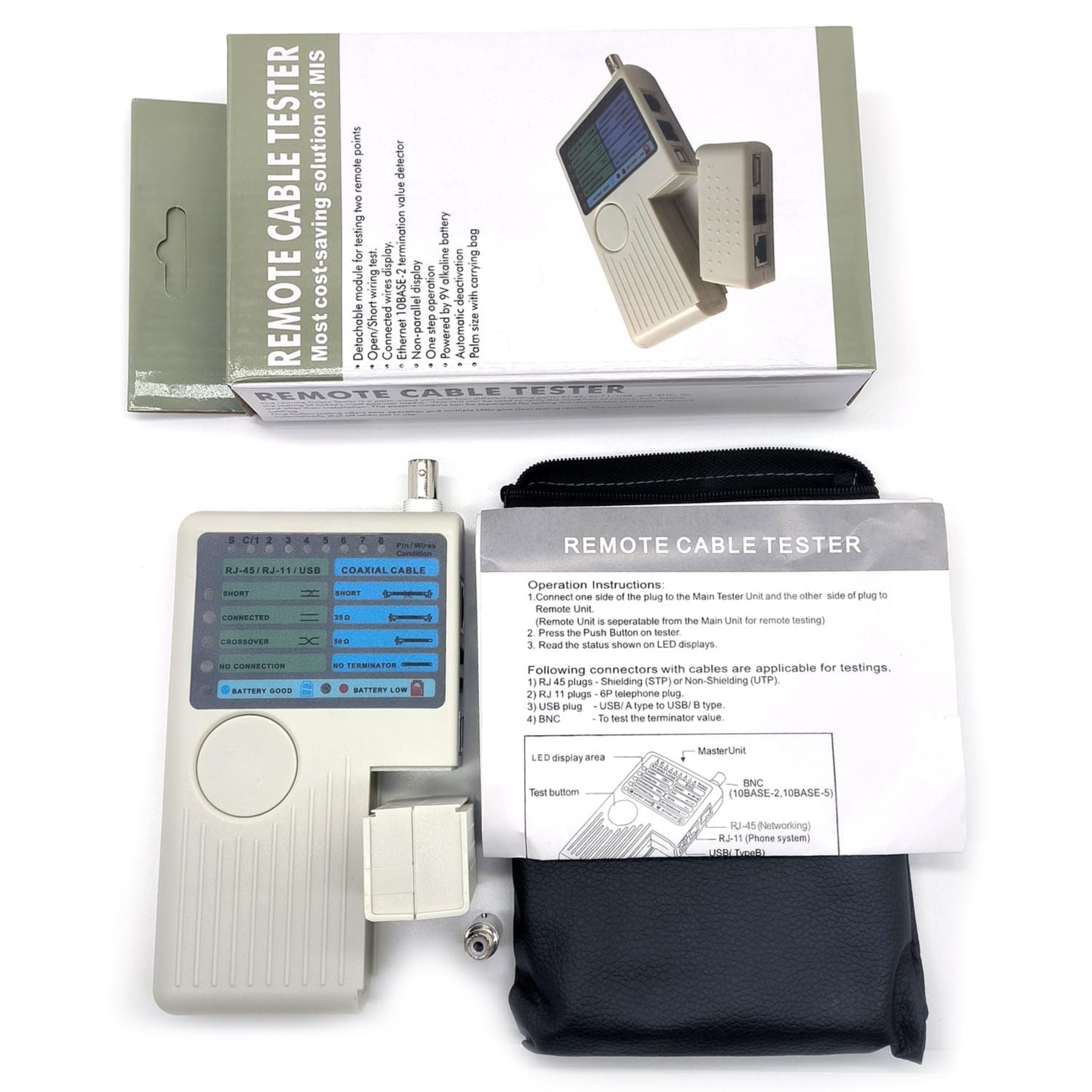 Testeur de Câbles Multiports YW-3468 – RJ45 / RJ11 / USB / BNC | LED | Indication de Batterie