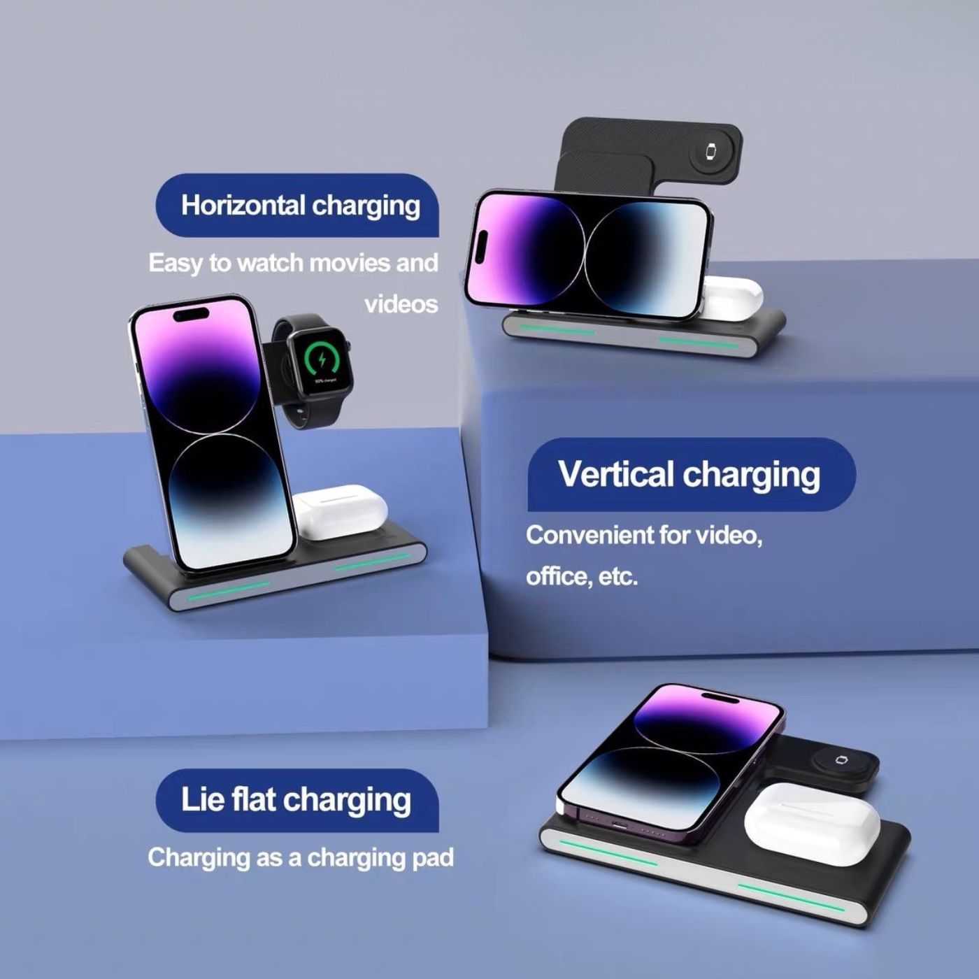 Station de charge sans fil, chargeur rapide pliable 3 en 1