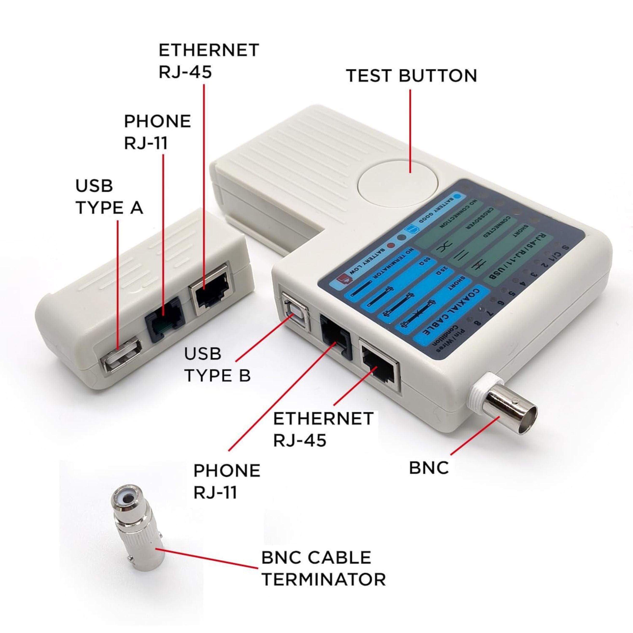 Testeur de Câbles Multiports YW-3468 – RJ45 / RJ11 / USB / BNC | LED | Indication de Batterie